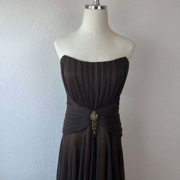 Badgley Mischka Strapless Cocktail Dress Evening Gown Chocolate Brown Tulle - Picture 8 of 15